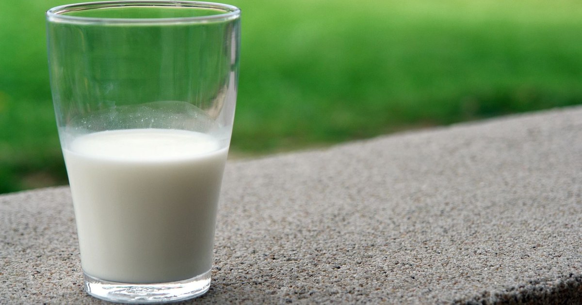 A glass of fresh milk on a stone ledge with green grass behind it