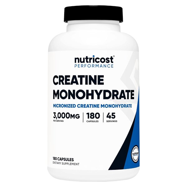 Nutricost Performance Creatine Monohydrate 3000 mg 180 capsule bottle
