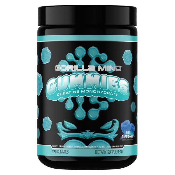 Gorilla Mind Creatine Gummies blue raspberry 120 count tub