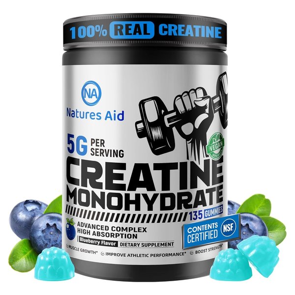 Natures Aid Creatine Monohydrate Gummies blueberry 135 count tub