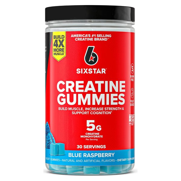 Six Star Creatine Gummies blue raspberry 30 serving tub