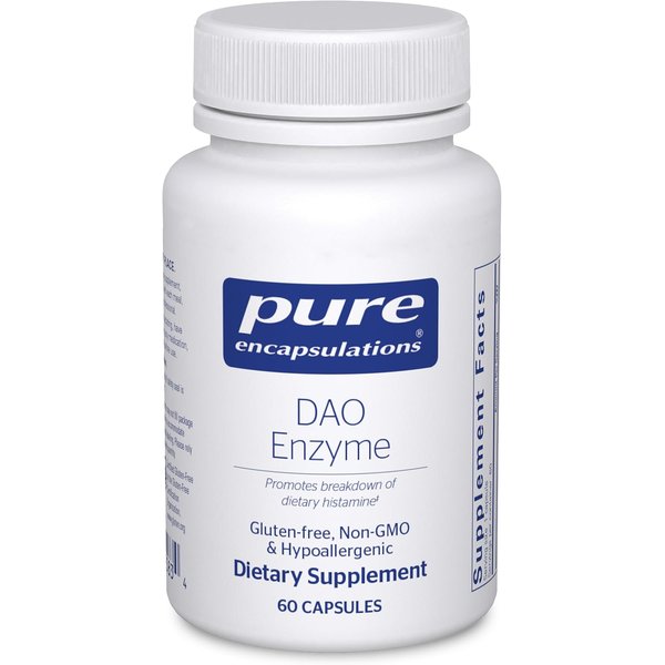 Pure Encapsulations DAO Enzyme white bottle with a blue and white label