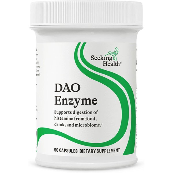 Seeking Health DAO Enzyme white supplement bottle with green lettering