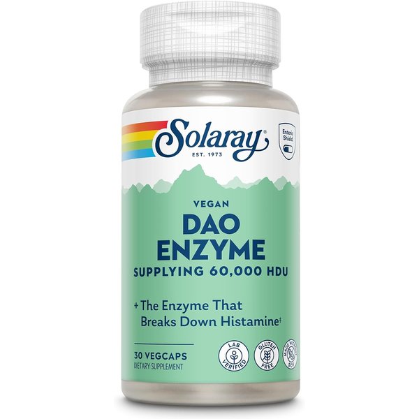 Solaray DAO Enzyme bottle with a cream label and mountain illustration