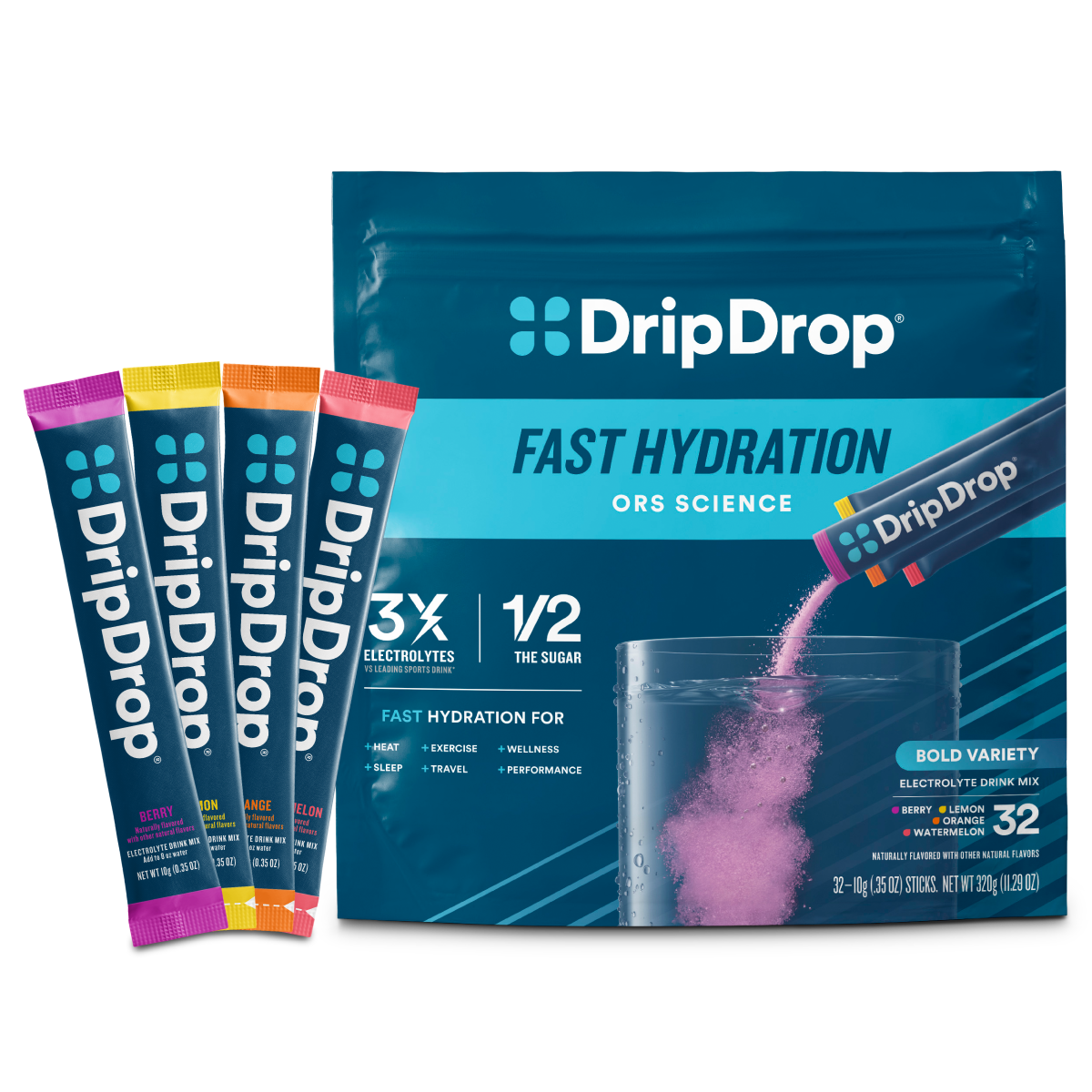 DripDrop Hydration bold variety pack of electrolyte powder sticks