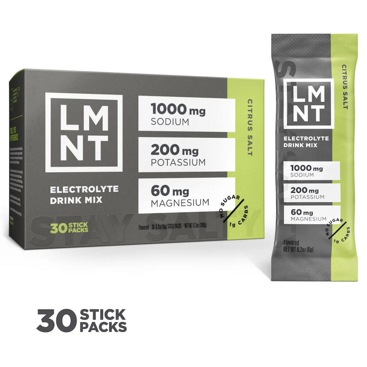 LMNT Recharge Citrus Salt 30-count box and stick packet