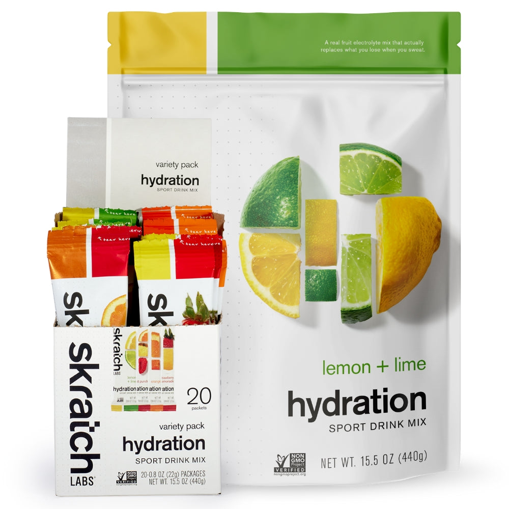 Skratch Labs Sport Hydration Lemon and Lime drink mix bag and box