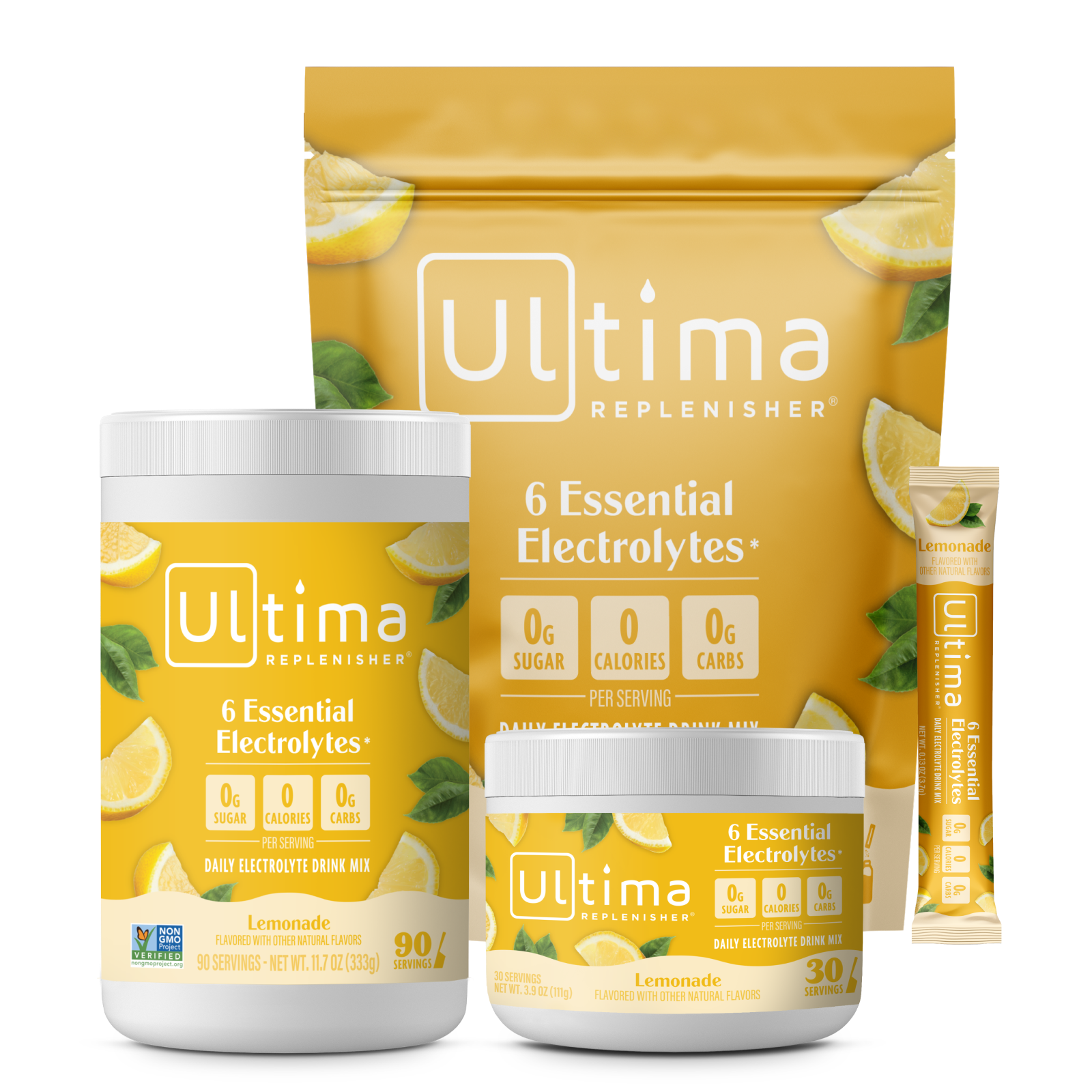 Ultima Replenisher Lemonade electrolyte powder canisters, pouch, and stick