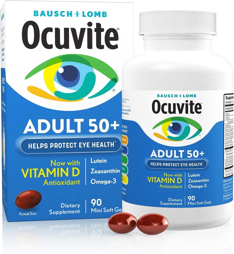 Bausch and Lomb Ocuvite Adult 50+ eye vitamin minigels box and bottle