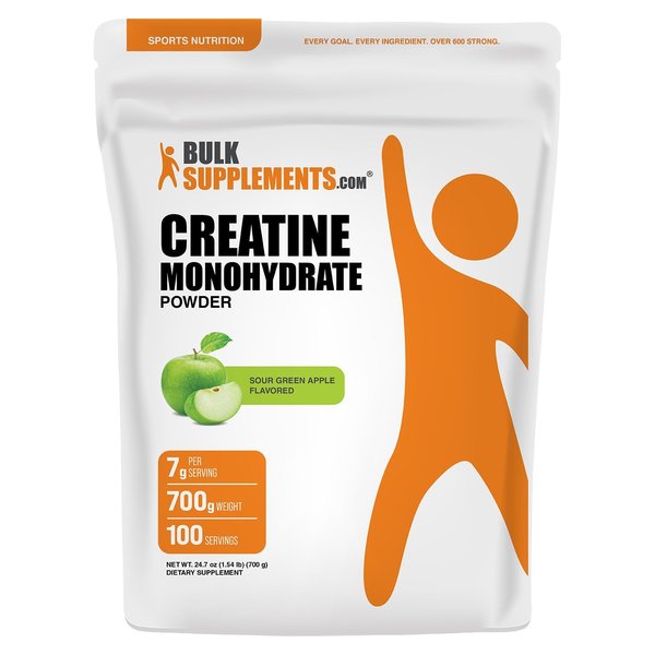 BulkSupplements Creatine Monohydrate Powder Sour Green Apple flavored pouch, 700 g