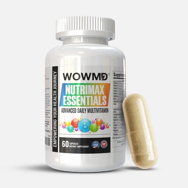 NutriMax Essentials Advanced Daily Multivitamin bottle beside a capsule