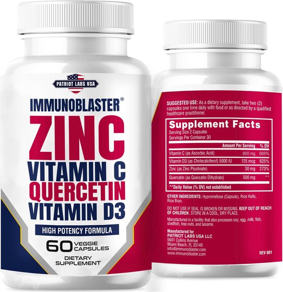IMMUNO BLASTER zinc, vitamin C, quercetin and vitamin D3 60-capsule bottle with its Supplement Facts panel
