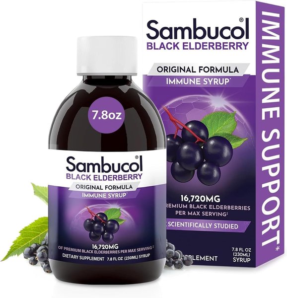 Sambucol Black Elderberry Original Formula 7.8 fl oz syrup bottle and box