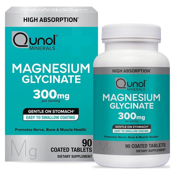 Qunol Magnesium Glycinate 300 mg box and bottle, 90 coated tablets
