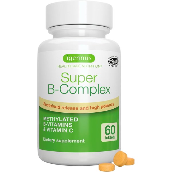Igennus Super B-Complex 60-tablet bottle with orange tablets beside it